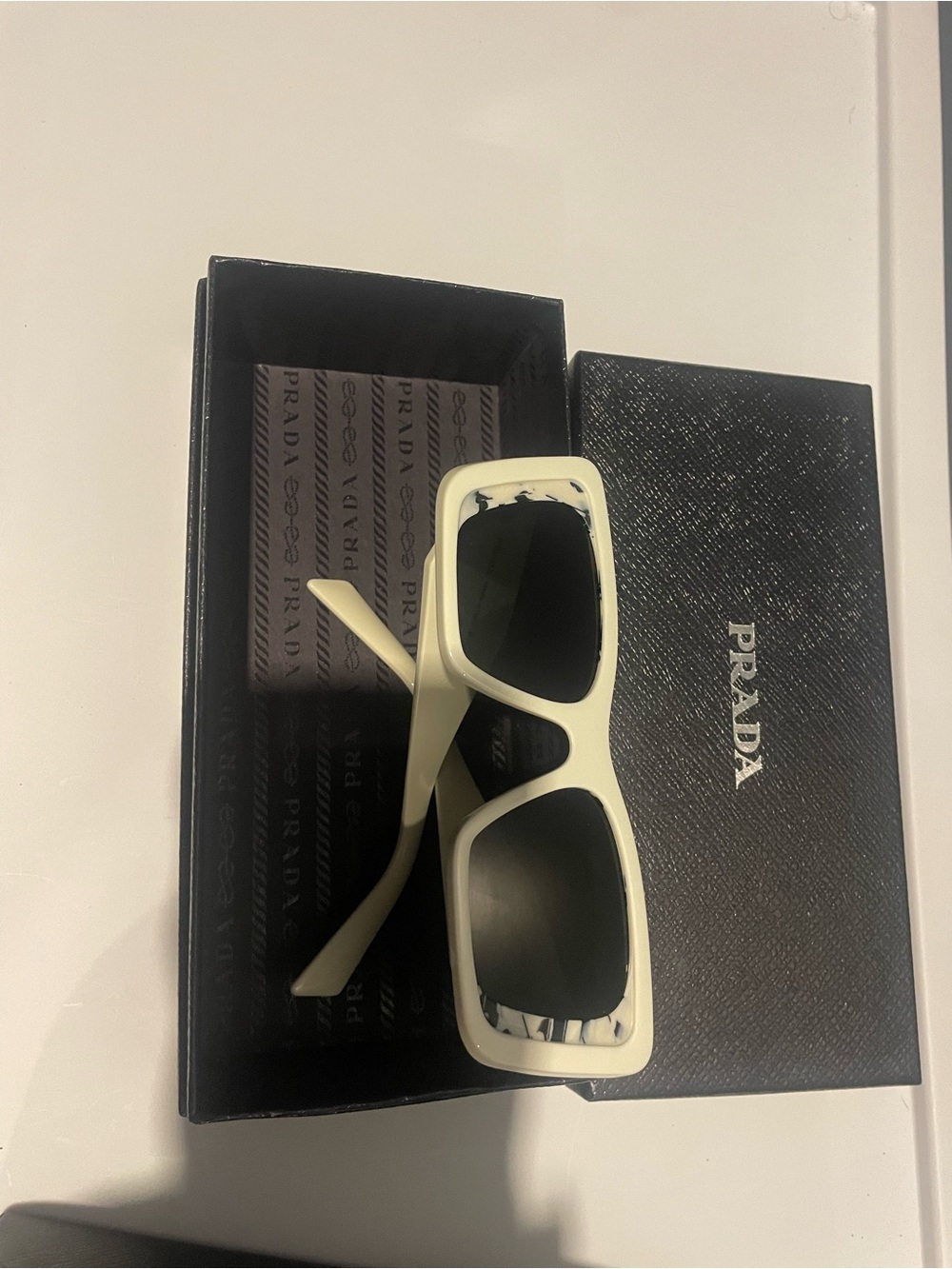 Prada Cream Rectangular Sunglasses with Marble Temples - Picture 4 of 7